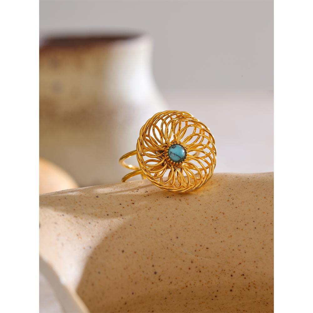 Eetit Trending Stainless Steel Natural Stone Flower Hollow Adjustable Ring 18K Golden PVD Plated 2025 Finger Jewelry Gift