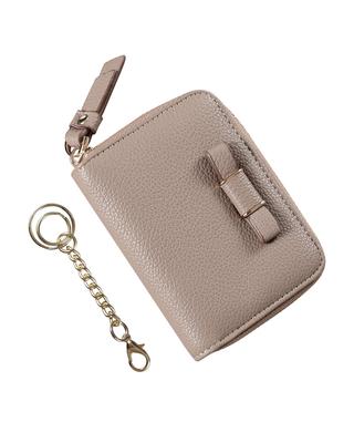 Women's Genuine Leather Coin Purse with Large Capacity, 30-Cash Holder, Anti-Skimming, Key Ring, and 12 Card Holders, Cute Ribbon (Gray)
