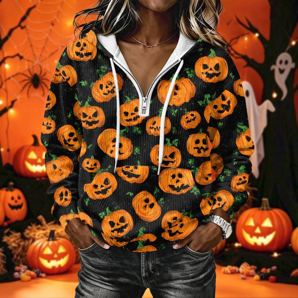 Women's Halloween Print Long Sleeve Hoodie Pullover Sweatshirt