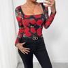 Spring Women's French Romantic Rose Floral Mesh Print Sexy U Neck T Shirt Fashion Daily Basic Office Lady Casual Slim Fit Ladies Elegant Top