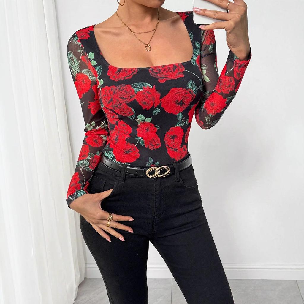 Spring Women's French Romantic Rose Floral Mesh Print Sexy U Neck T Shirt Fashion Daily Basic Office Lady Casual Slim Fit Ladies Elegant Top