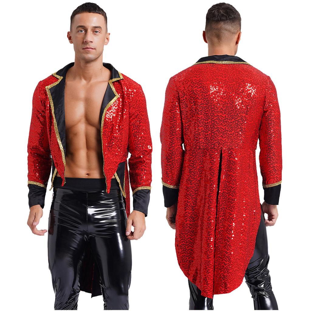 Mens Halloween Circus Sequin Tailcoat Notch Lapel Long Sleeve Tuxedo Outerwear