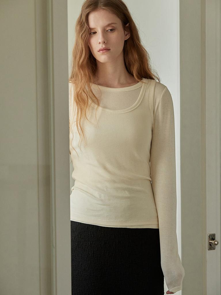 B Muse Mansion U-Neck Ribbed Layered T Shirt Set - Melange Gray