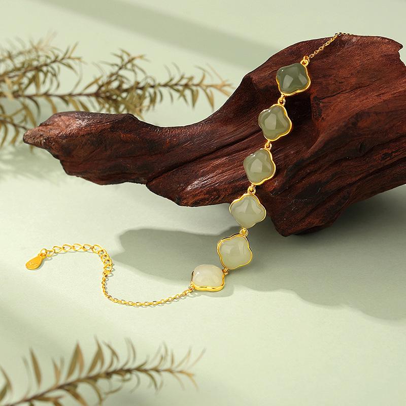 Tichiya Hetian Jade Clover Bracelet: Elegant S925 Sterling Silver Summer Jewelry for Women 925 Sterling Silver