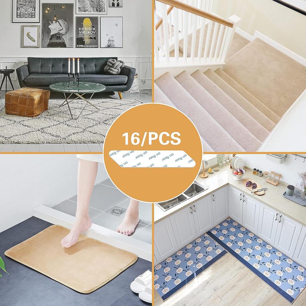 Rug Tape,16 Pcs Dual Sided Washable Removable Rug Stopper for Area Rug, Non Slip Adhesive Prevent Curl for Hardwood Floors and Carpet Corners