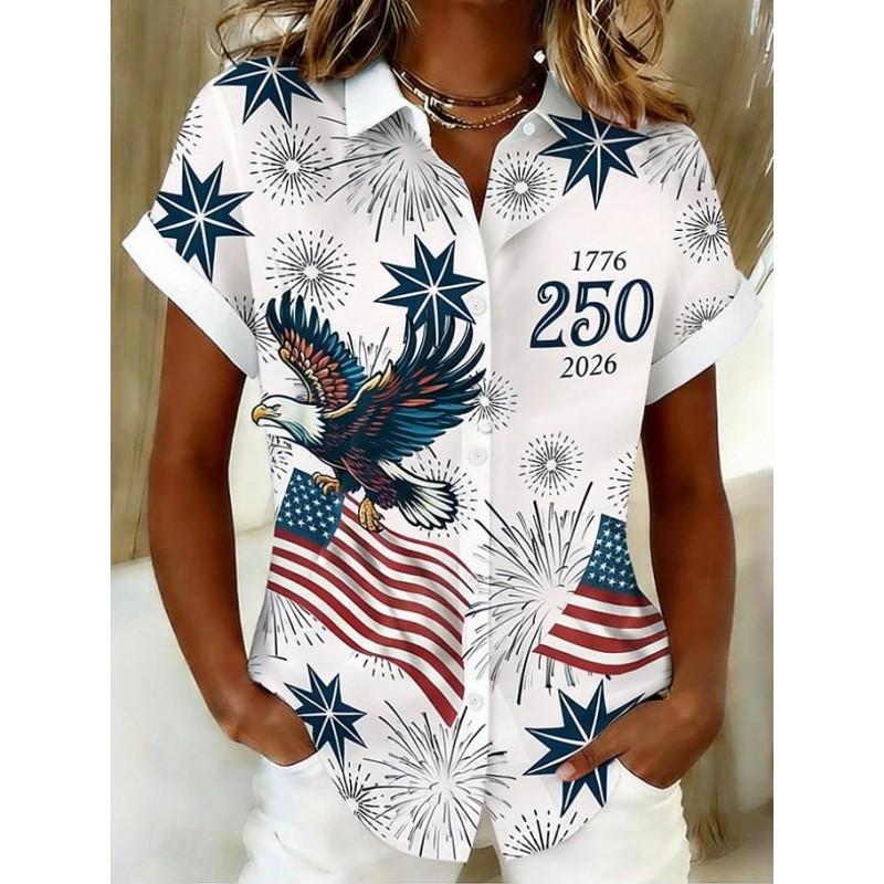 Womens Loose Fit Short Sleeve Printed Shirt Casual Vacation Style Collared Open Front Top
