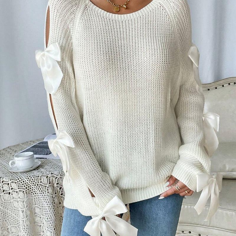 Damen Herbst Winter Pullover und Strickwaren Rundhals Schleife Langarm Strickpullover Tops