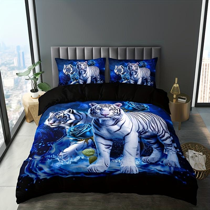 Soft durable Quality Duvet Cover Set Tiger plus Blue Rose Print 10% Polyester Breathable Fabric Al-Season Beding featuring 2 Pilowcases Home Dorm