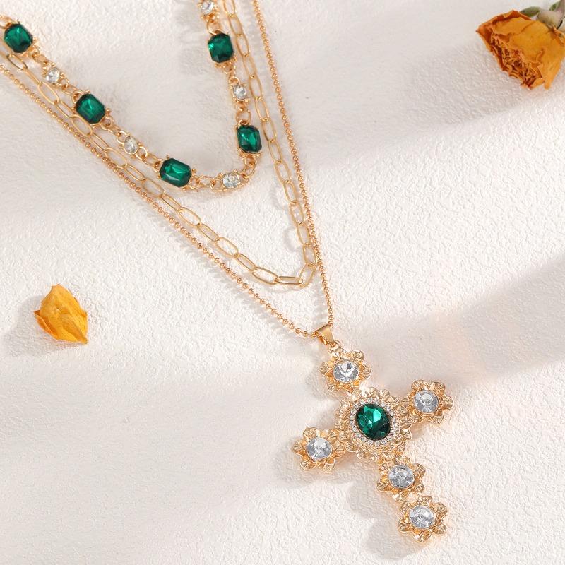 Diamond-encrusted cross necklace, retro niche light luxury, high-end stacking accessories, women's collarbone chain