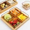 Bandeja de Cristal Nórdica Dividida para Aperitivos con 4 Platos Cuadrados con Borde Dorado y Bandeja de Bambú