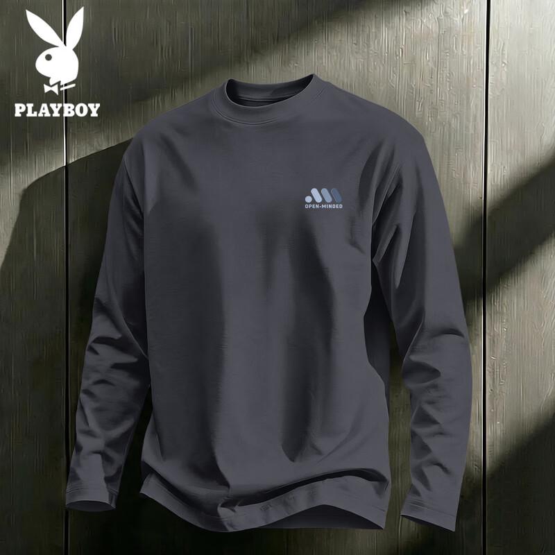 PLAYBOY Men's Long-Sleeve Pure Cotton Crewneck T-Shirt