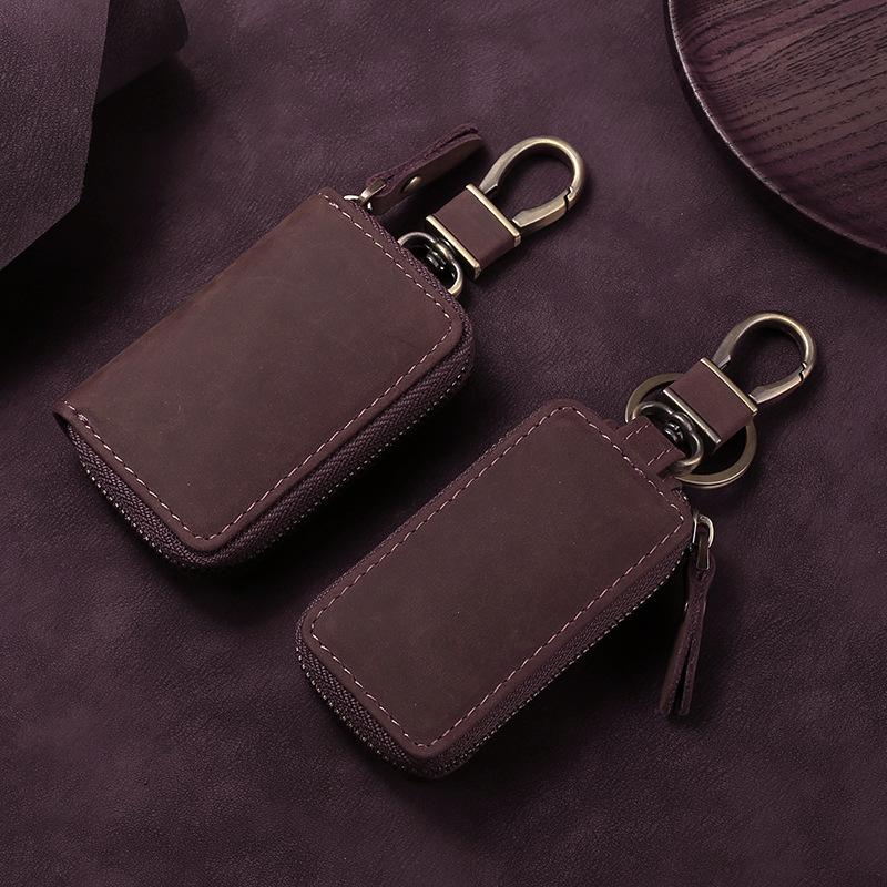 Car universal key cover Multifunctional single zipper Car key bag First layer Cowhide key Leather case Retro waist hanging