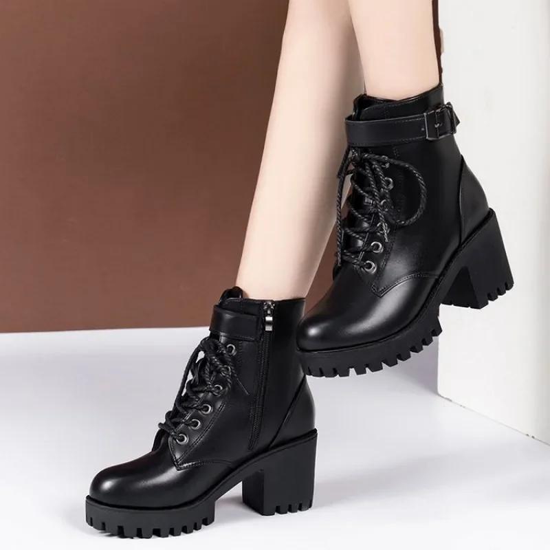 2025 Damen Winter Leder Damen Winterstiefel Dicke Wolle Warm Hochhackig Echter Stiefel Hochwertige Damen Schneestiefel Damenschuhe