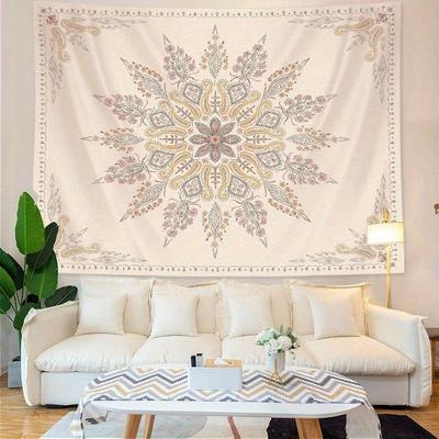 1 Bohemian Style Wall Tapestry, Off White Floral Tapestry with National Emblem Print, Suitable for Bedroom and Dorm