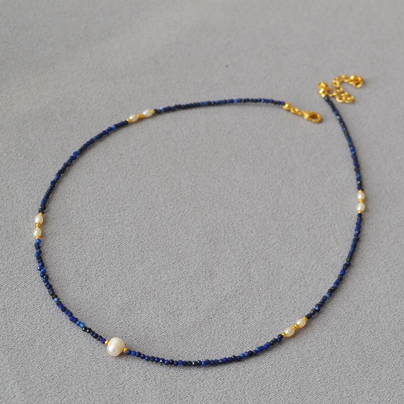 Korean niche design faceted lapis lazuli beaded freshwater rice grains small pearls extremely fine simple temperament short necklace