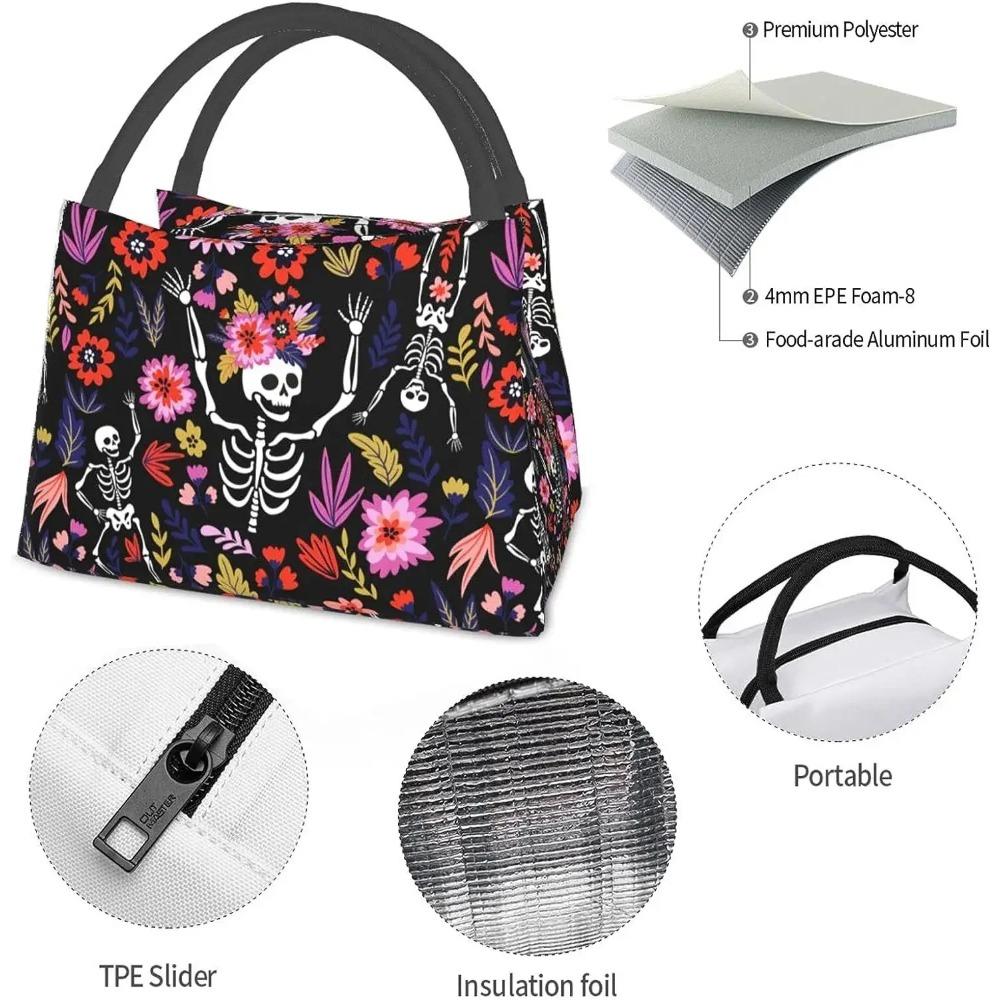 Skeleton Pink Flowers Insulated Lunch Bags for Women Men Reusable Lunch Cooler Bags Tote Box Meal Prep for Work Picnics