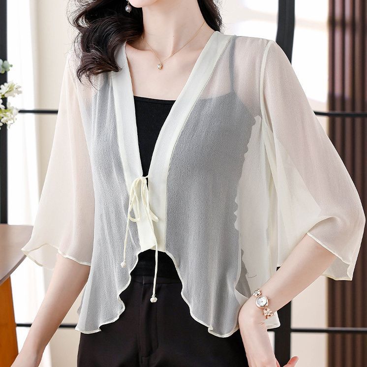 Thin Breathable Seven Quarter Sleeve Chiffon Shirt for Women's Summer New Outfit, Shawl Cardigan Jacket, Fashionable Sun Protection Top