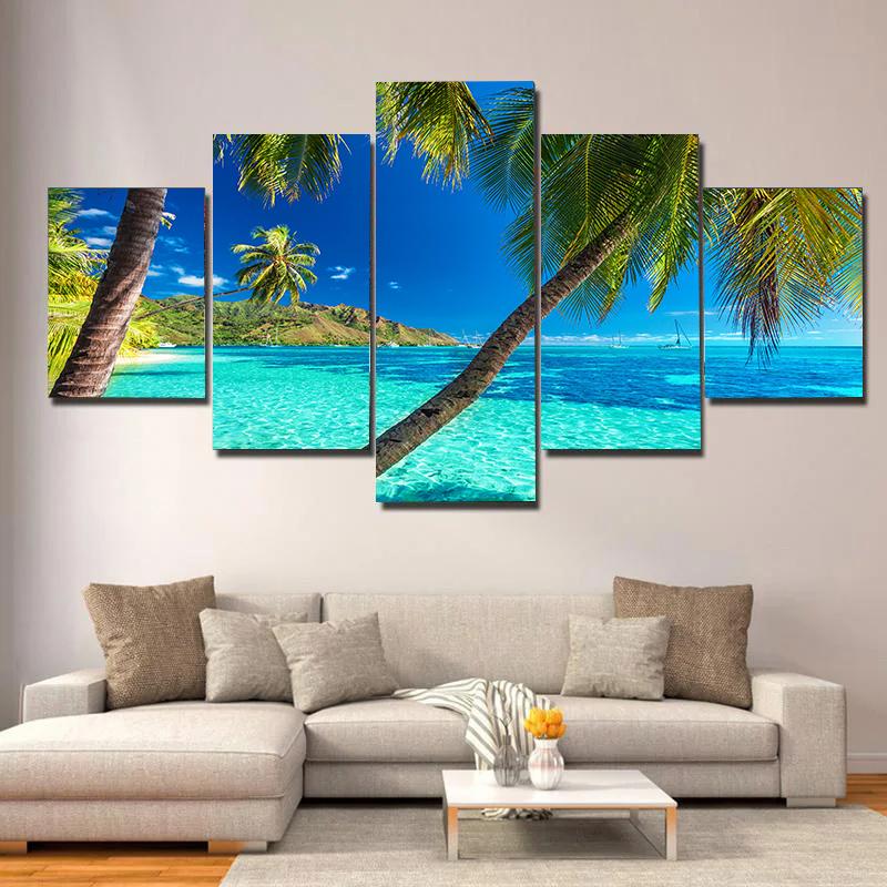 5 pieces Seaside Landscape Canvas Painting, Sunrise, Sunset, Coconut Trees and Ocean Waves, For Home Room Hotel Decor, No Frame