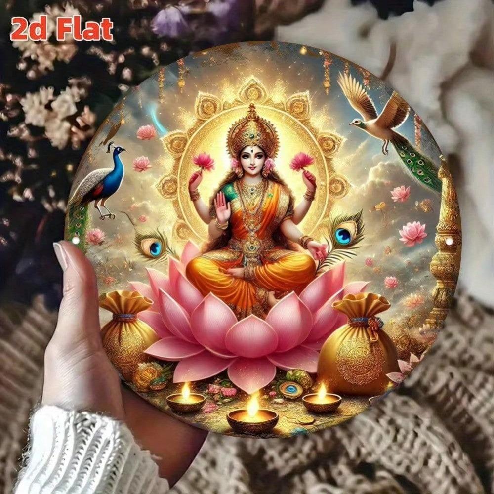 Lakshmi Goddess of Wealth Metal Wall Art Hindu Buddhist Decor Lotus Peacock Motif Home Temple Hotel Room Decoration