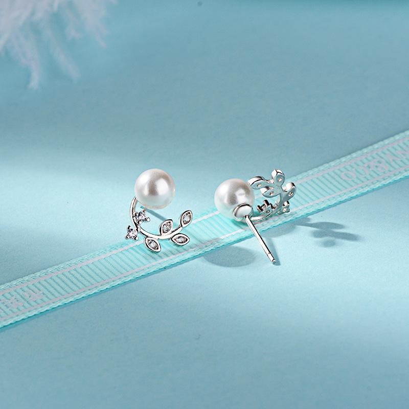 925 Silver Crystal Pearl Jewelry Fashion Leaf Stud Earrings For Woman New silver 925 серебряный