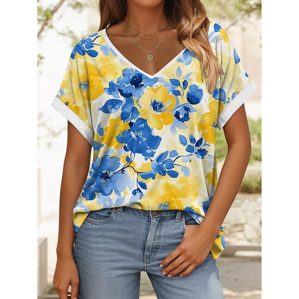 Women's Trendy T-Shirt Flower Graphics Fashion Short Sleeved V-Neck Regular Tops Daily Prints Tee Y2K Casual Tops
