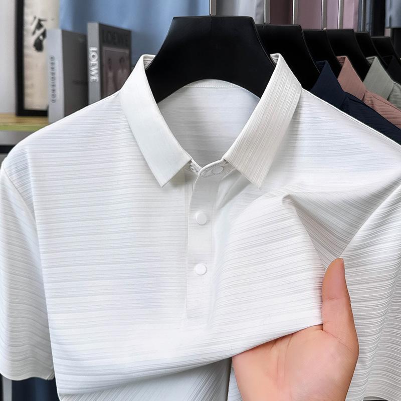 

[Рельефная жаккардовая ткань] Поло с коротким рукавом из ледяного шелка с лацканами, мужская однотонная футболка 4XL