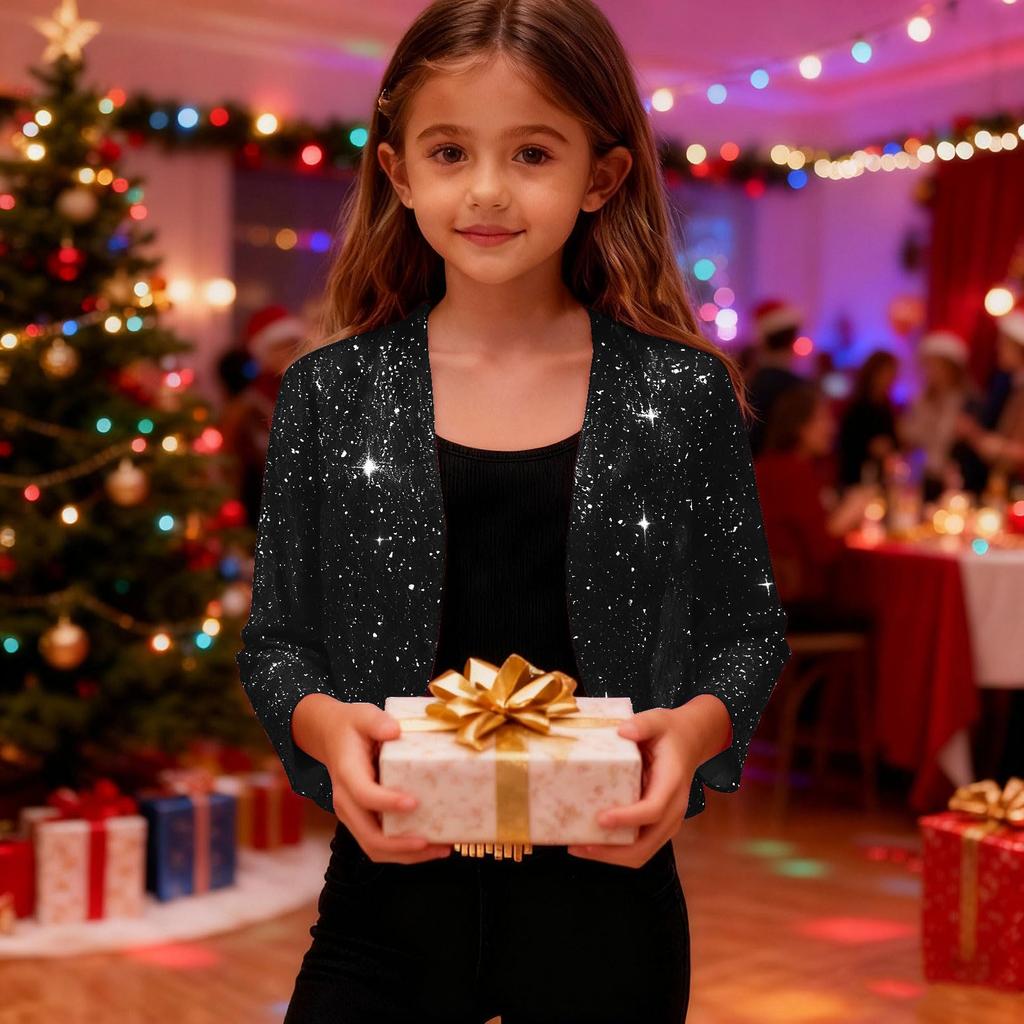 Children's -Printed Long-Sleeve Shawl-Collar Cardigan Dress Casual Short Jacket