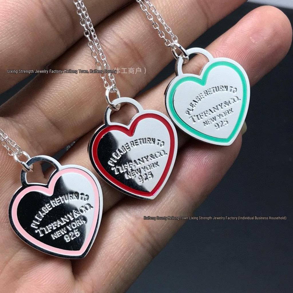 High-End T Tiga Double Heart Necklace with Blue and Pink Enamel Pendant