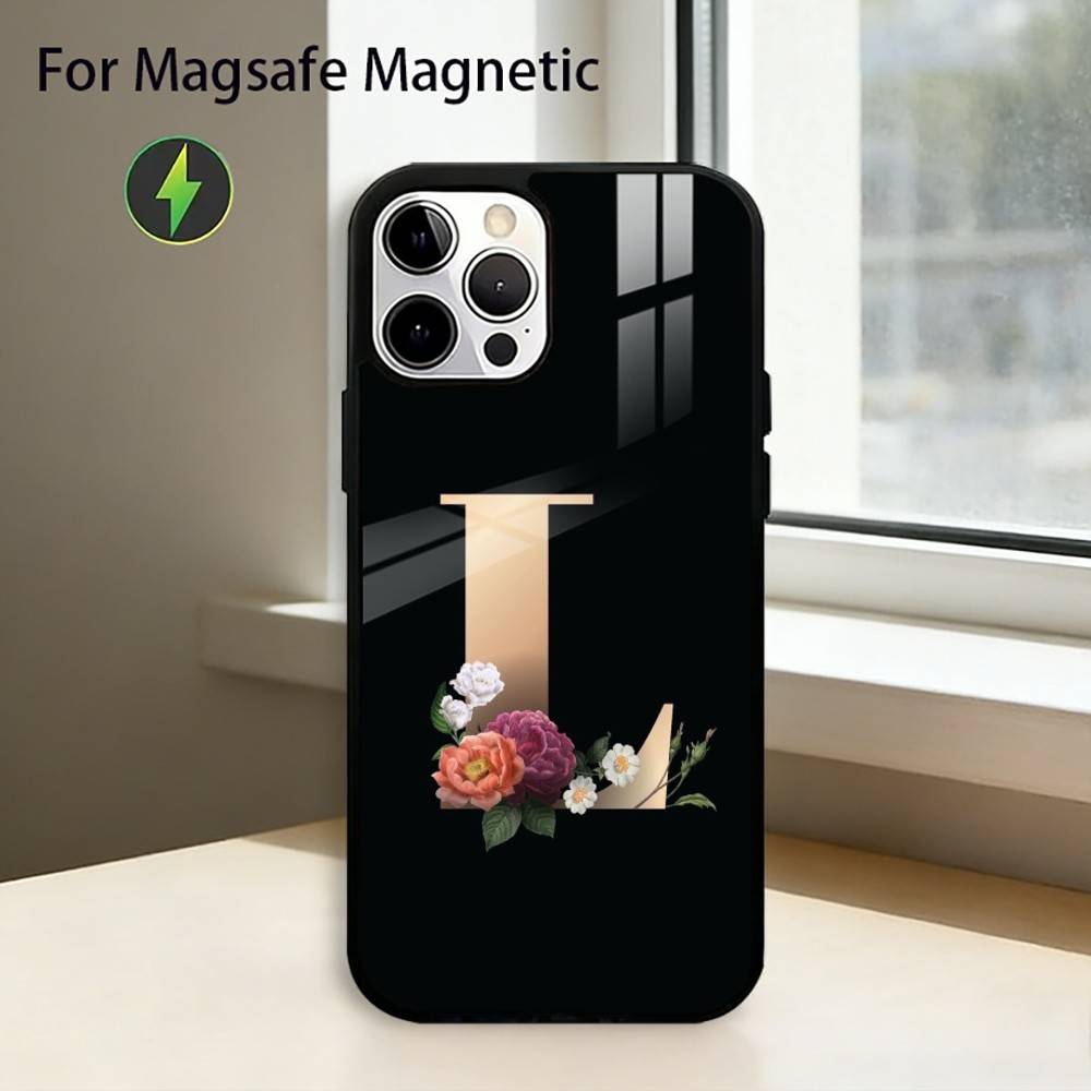 Flowers Initial L-Letter Phone Case For iPhone17,16,15,14,13,12,11 Plus,Pro Magnetic For Magsafe Wireless Charging