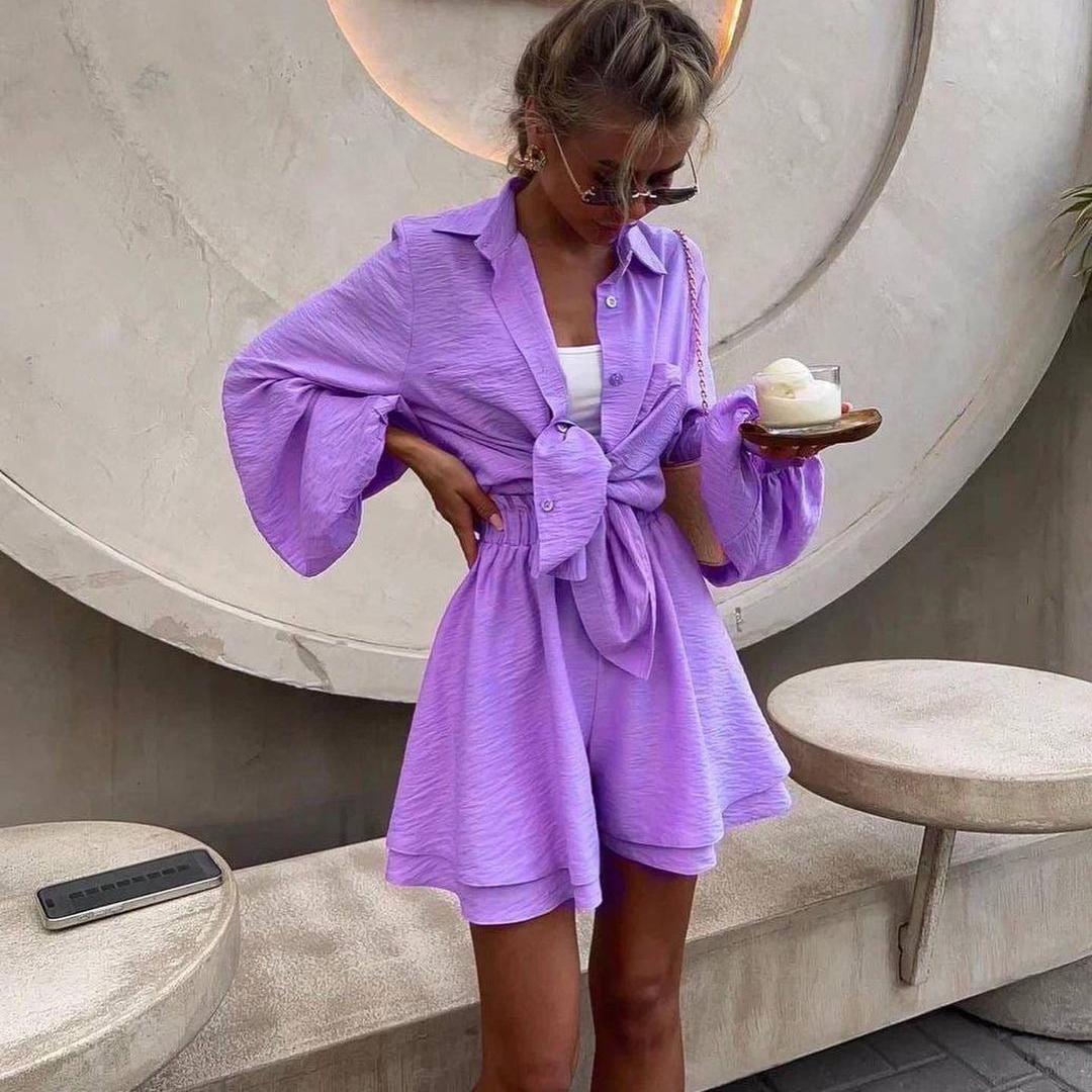 YYFS Damenmode, lässig, einfarbig, langärmelig, Polo-Ausschnitt, Shorts-Anzüge XL violett