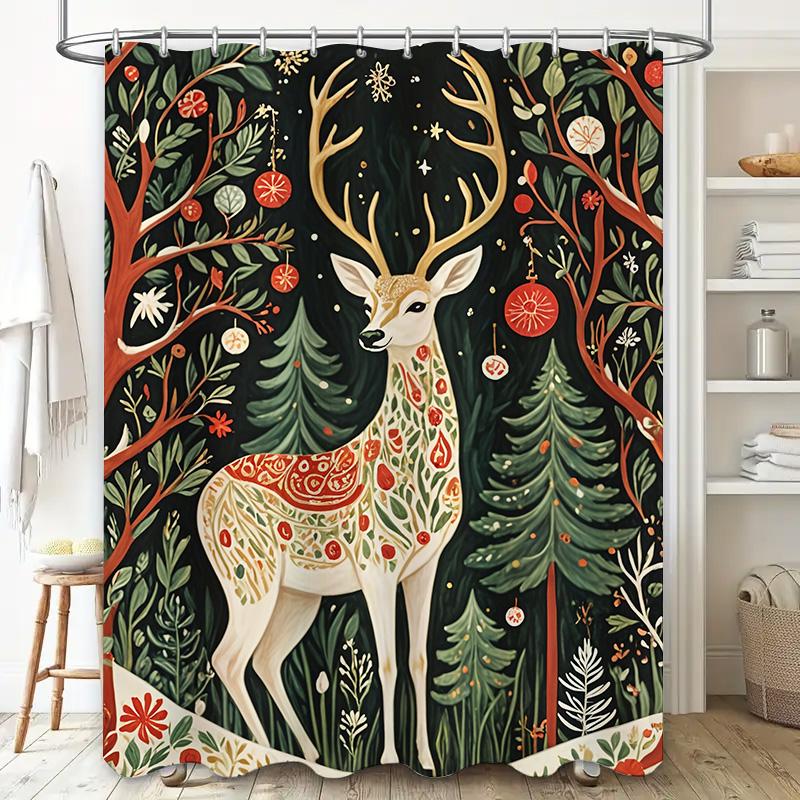 Elegant Deer with Floral Pattern Christmas Shower Curtain, Black Background with Red Branches and Ornaments,Bathroom Decor