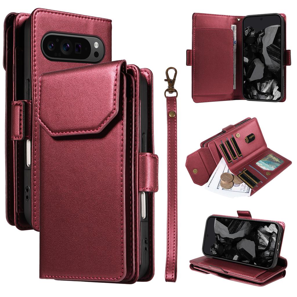 For Google Pixel 9 Pro/Pixel 9 Case with Multi-Card Holder and Strap PU Leather Phone Cover Stand