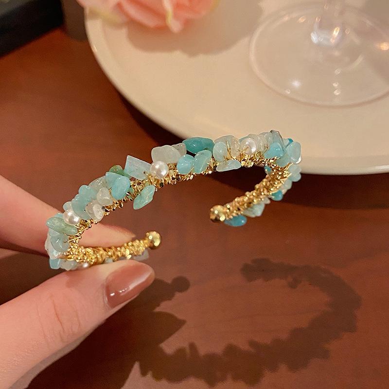 Exquisite Geometric Pearl Gold & Green Aventurine Open Bangle Bracelet