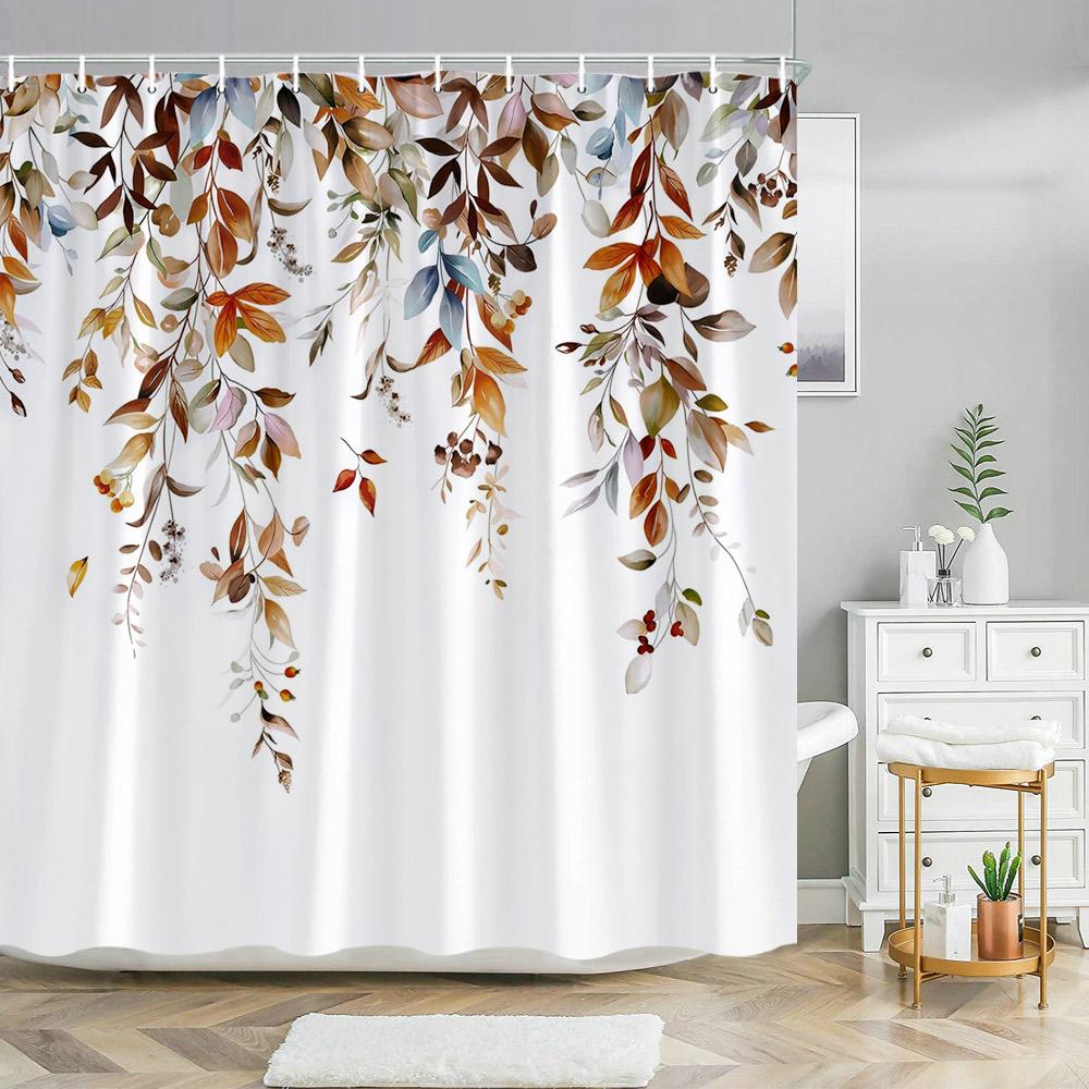 Watercolor Autumn Hanging Leaves Botanical Shower Curtain Fall Thanksgiving Bathroom Bathtubs Decor Easy Care Washable Durable
