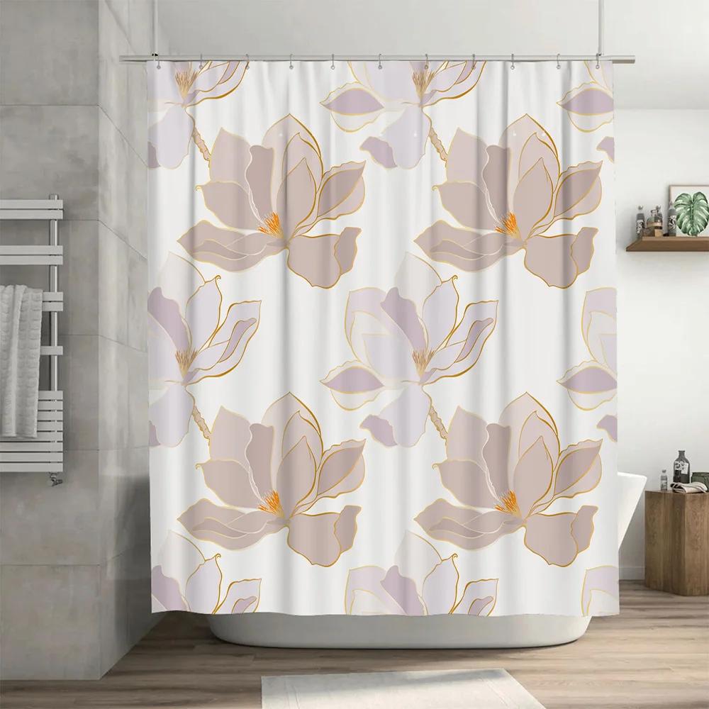 Pink Magnolia Flower Shower Curtain Modern Floral Printed Shower Panels for Bathroom Decor Waterproof Fabric with Hooks