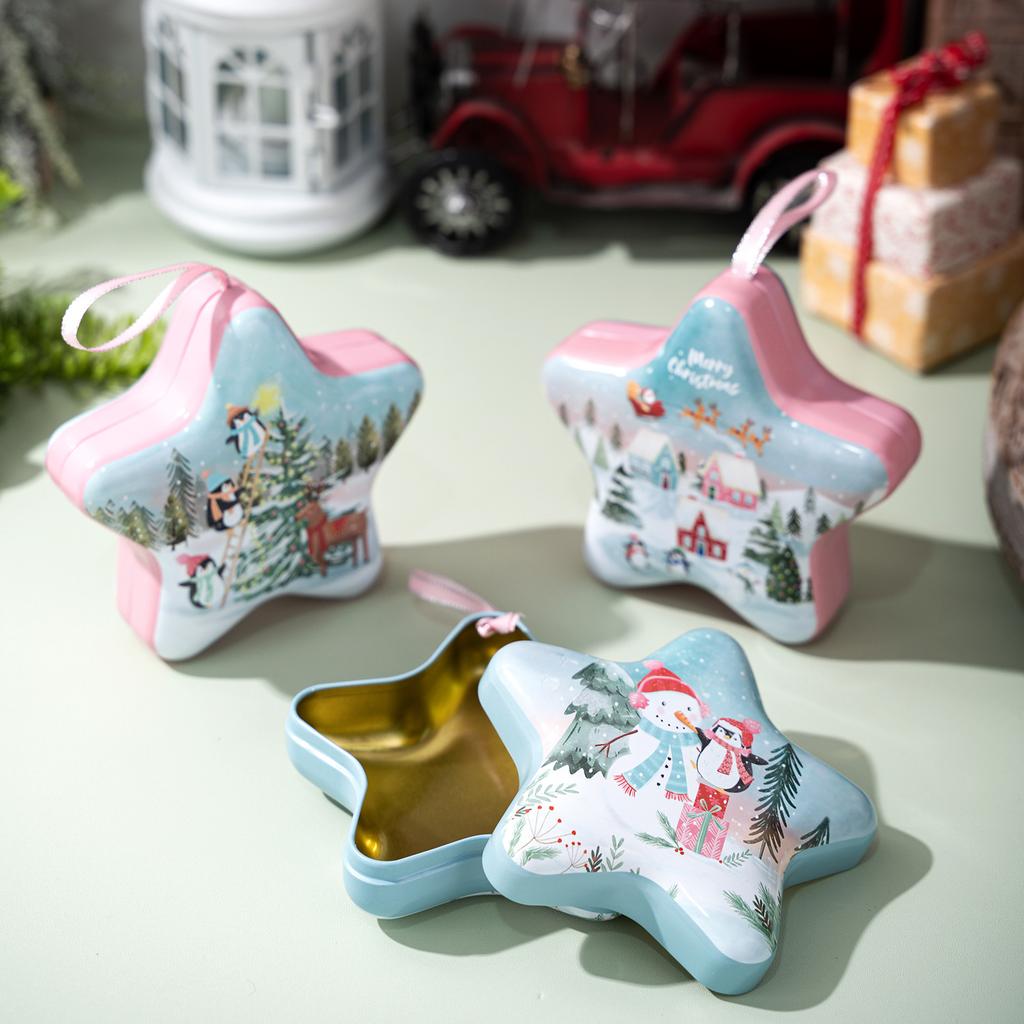 Christmas Tin Box Star Shaped Chocolate Cookies Candy Box With Hanging Rope Christmas Storage Box Ornaments Gifts