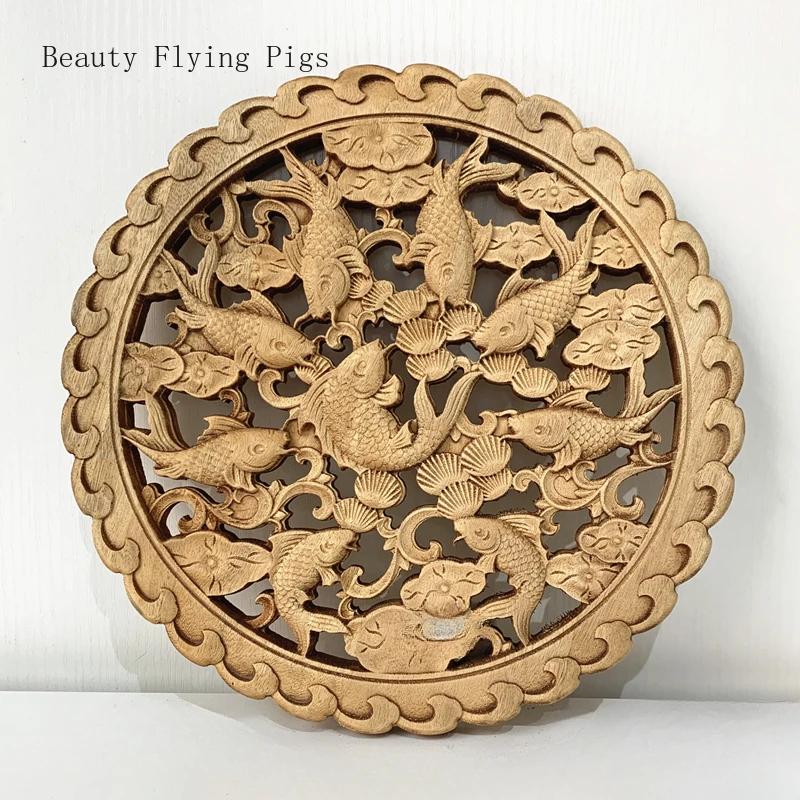 Diameter 27cm/10.8" Chinese style camphor wood carving circular decoration living room entrance background wall pendant