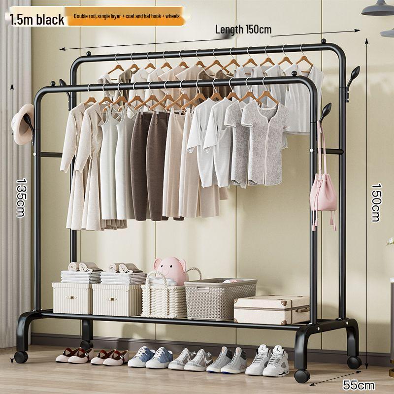 Sturdy Movable Floor-Standing Clothes Rack for Bedroom and Balcony Drying