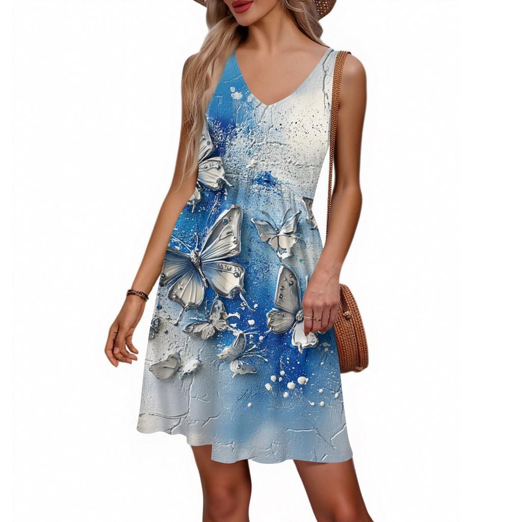 Women's Summer V-neck Casual Beach Vacation Style Retro Floral Print Sleeveless Patchwork Dress