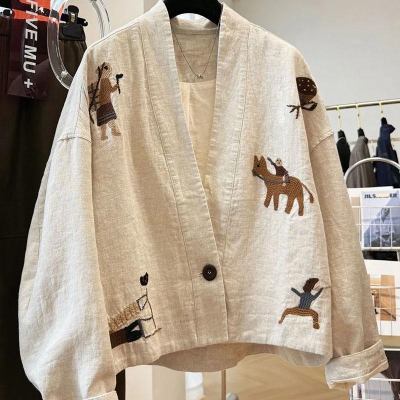 Coat for Women Cotton Autumn Thickened Casual Oversize Heavyweight Embroidered  V-Neck Jacket