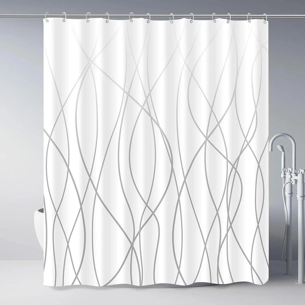 Unframed Modern Black and White Striped Corrugated Fabric Bathroom Shower Curtain,  Gradient Stripe, Bathroom Decorative Shower
