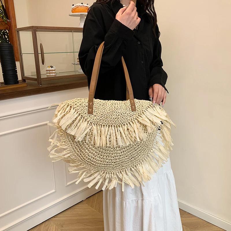 Geantă de umăr tricotată elegantă pentru femei cu ciucure, geantă împletită ajurată, rezistentă la uzură, țesută manual, geantă de plajă, genți shopper