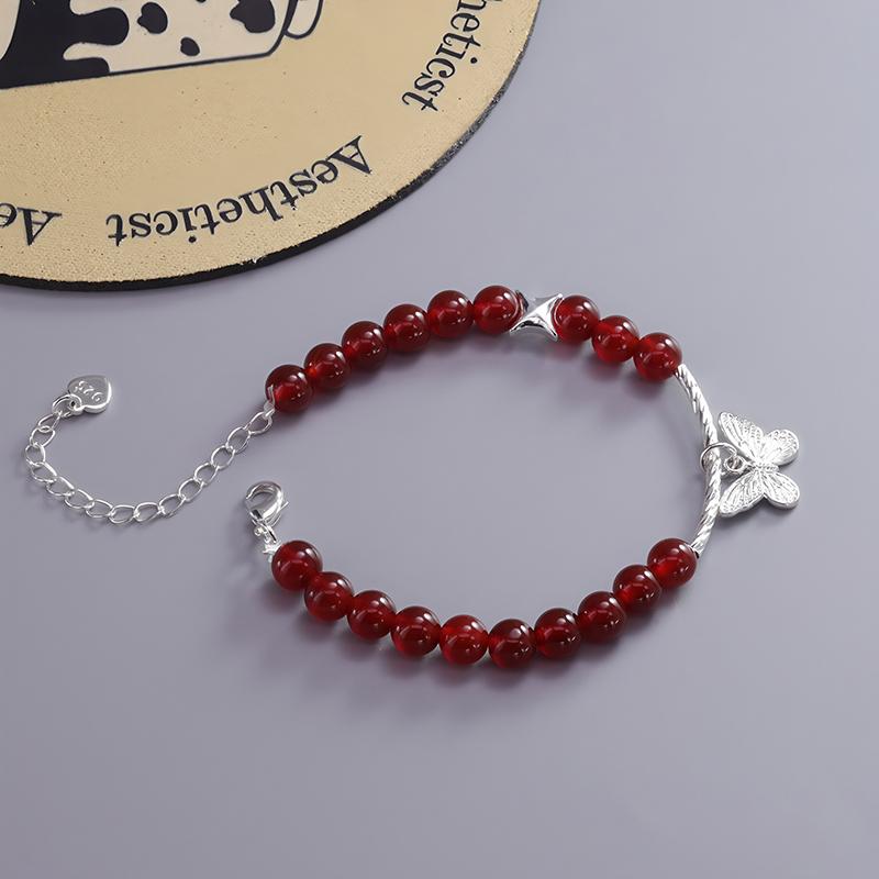 Silver Plated Bracelet for Women Pearl Red Agate Turquoise Glass Fish Butterfly Geometric Elastic Jewelry Party Gift