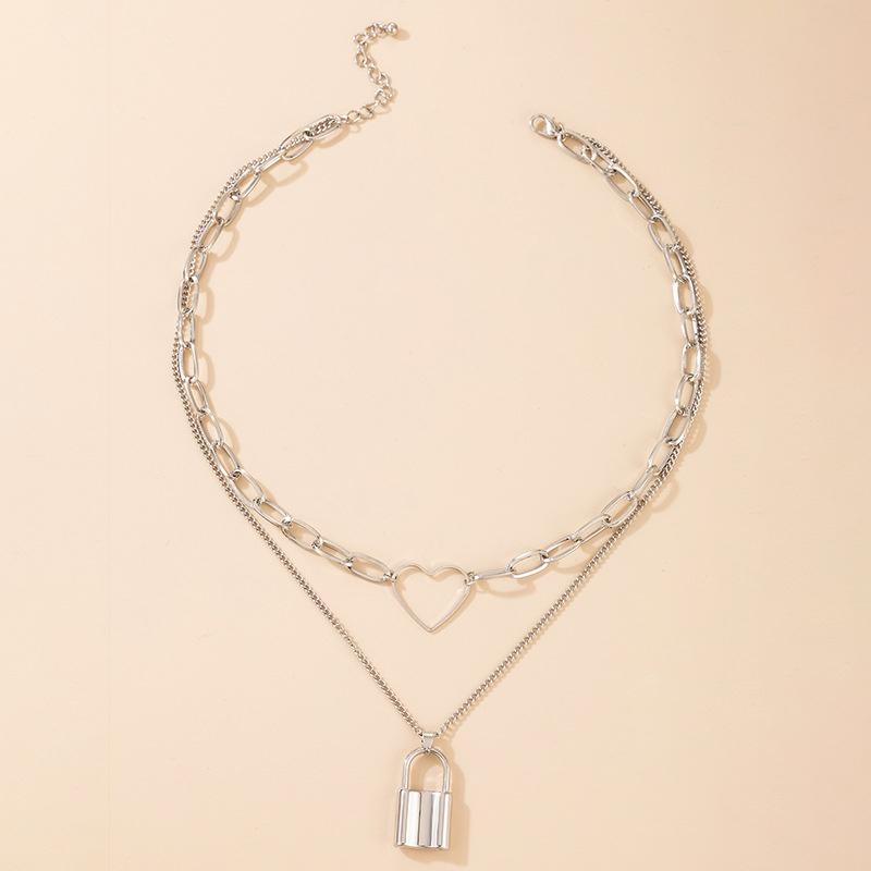 Hollow Heart Multilayer Geometry Thick Sweater Chain Fashion Jewelry Gift Chain Heart Trendy Lock Pendant Necklace for Women
