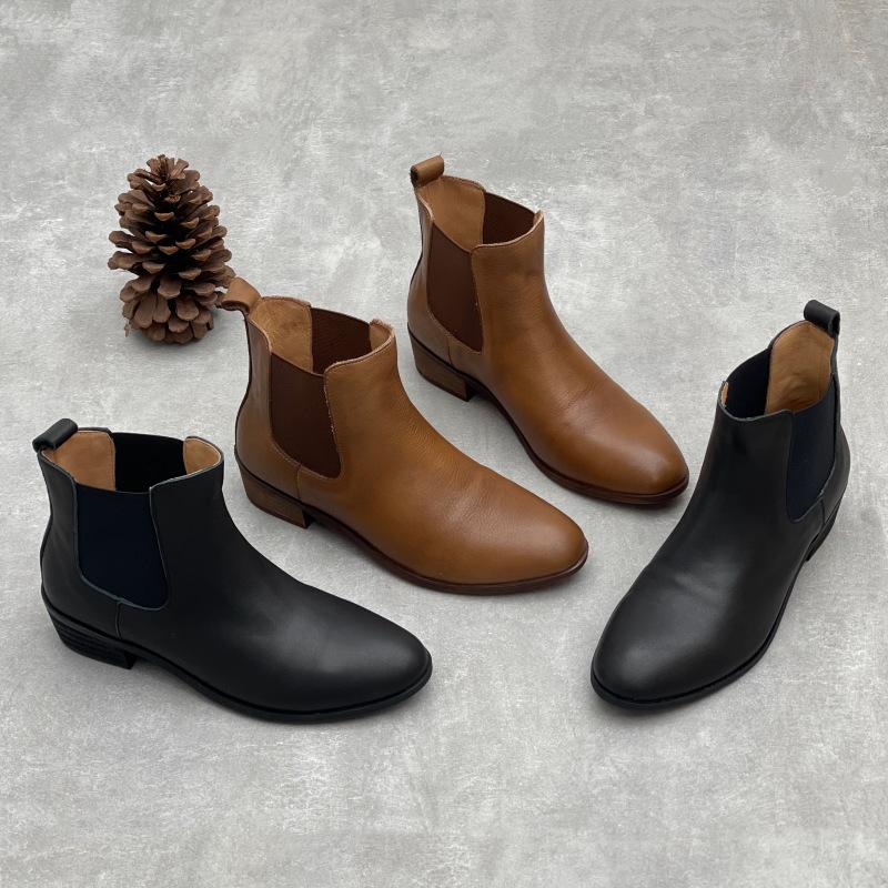 Johnature Handmade Genuine Leather Short Boots Retro Cowhide Versatile Pointed Toe Thick Heel Women's Boots