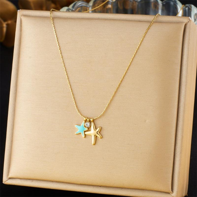 Gold Starfish Pendant Necklace Turquoise Blue Star Charm Necklace for Women Daily Wear