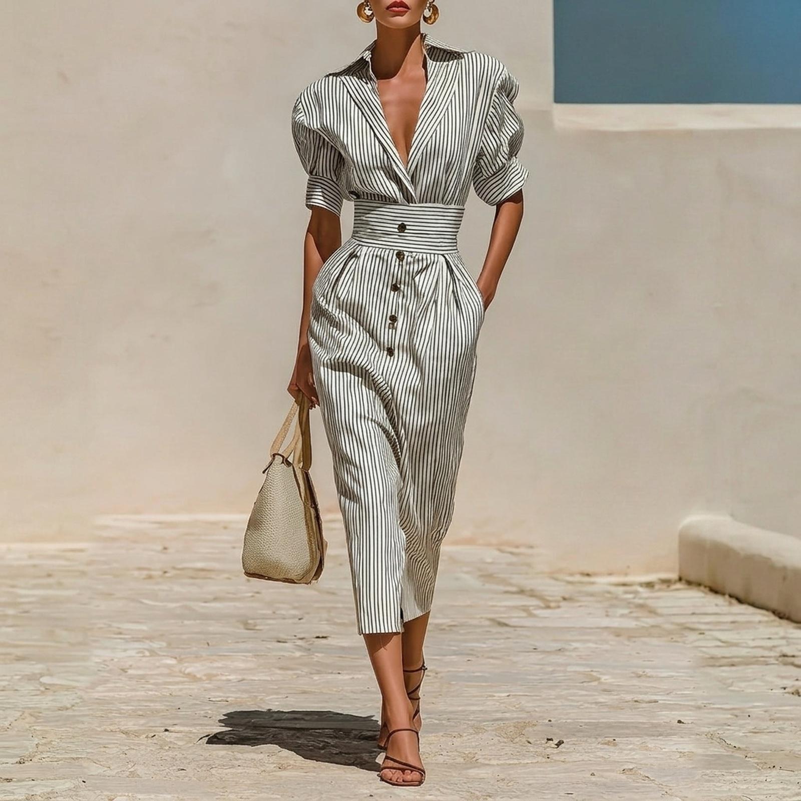 Women s Fashion Shirt Dress with Waist Cinch and Pockets Striped Button Front Midi Dress with Puff Sleeves and Collar for Casual Wear L чёрный