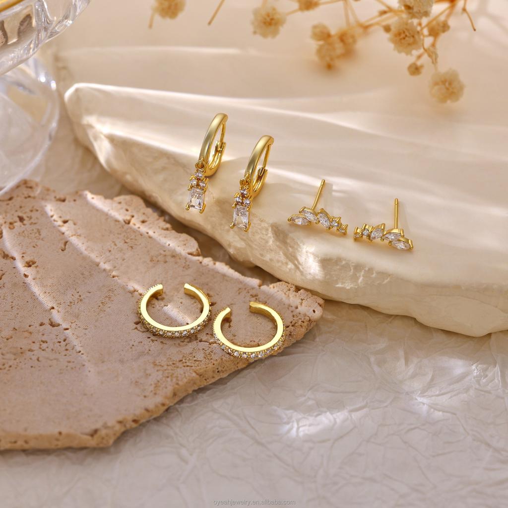 3 Pairs Square Leaf Zircon Hoop Stud Pendant Earrings Set for Women Gold Plated Brass Dangle Jewelry