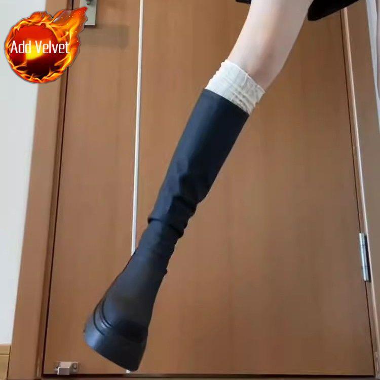 Fashion New In Fleece-Lined Round Toe Knee High Shaft Shoes Woman Fashion 2025 Hot Footwear Pu Cosplay Trend Gothic Long Boots for Women