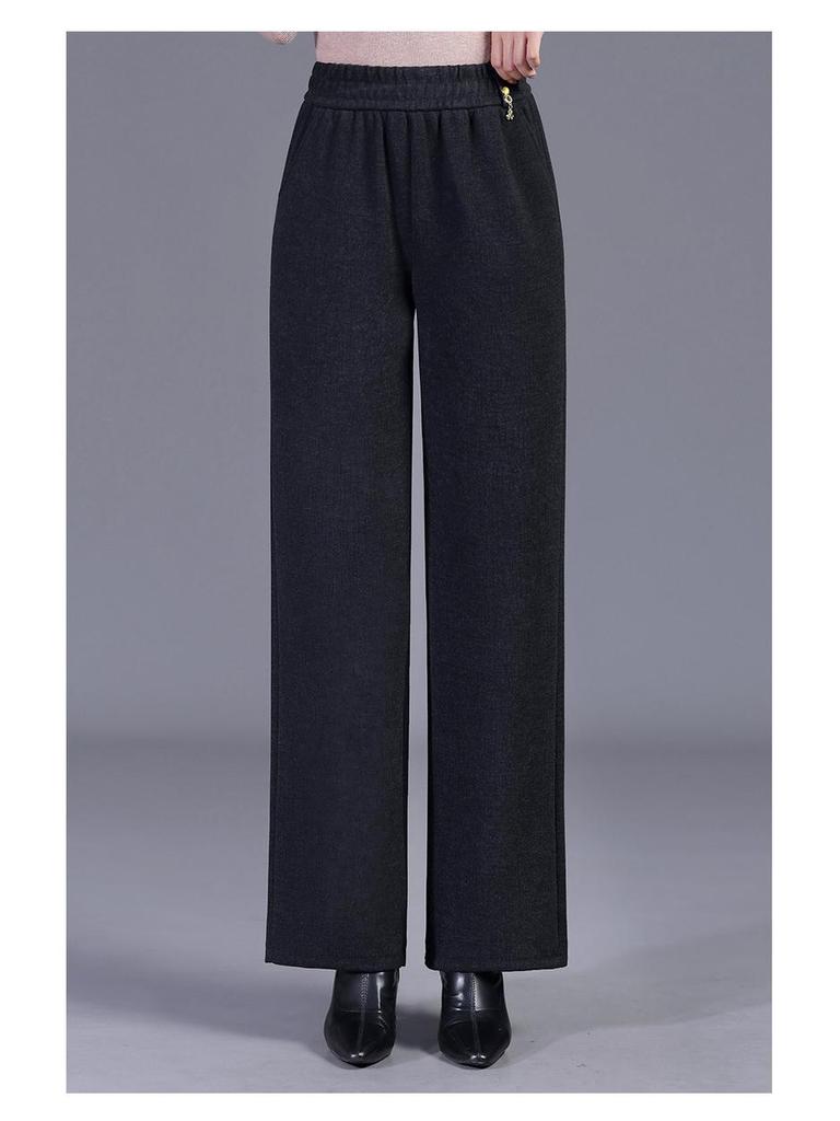 2025 Autumn/Winter Women's Solid Elastic Waist Straight-Leg Pants, Plus Velvet Thickened for Warmth, Ideal for Middle-Aged Mothers